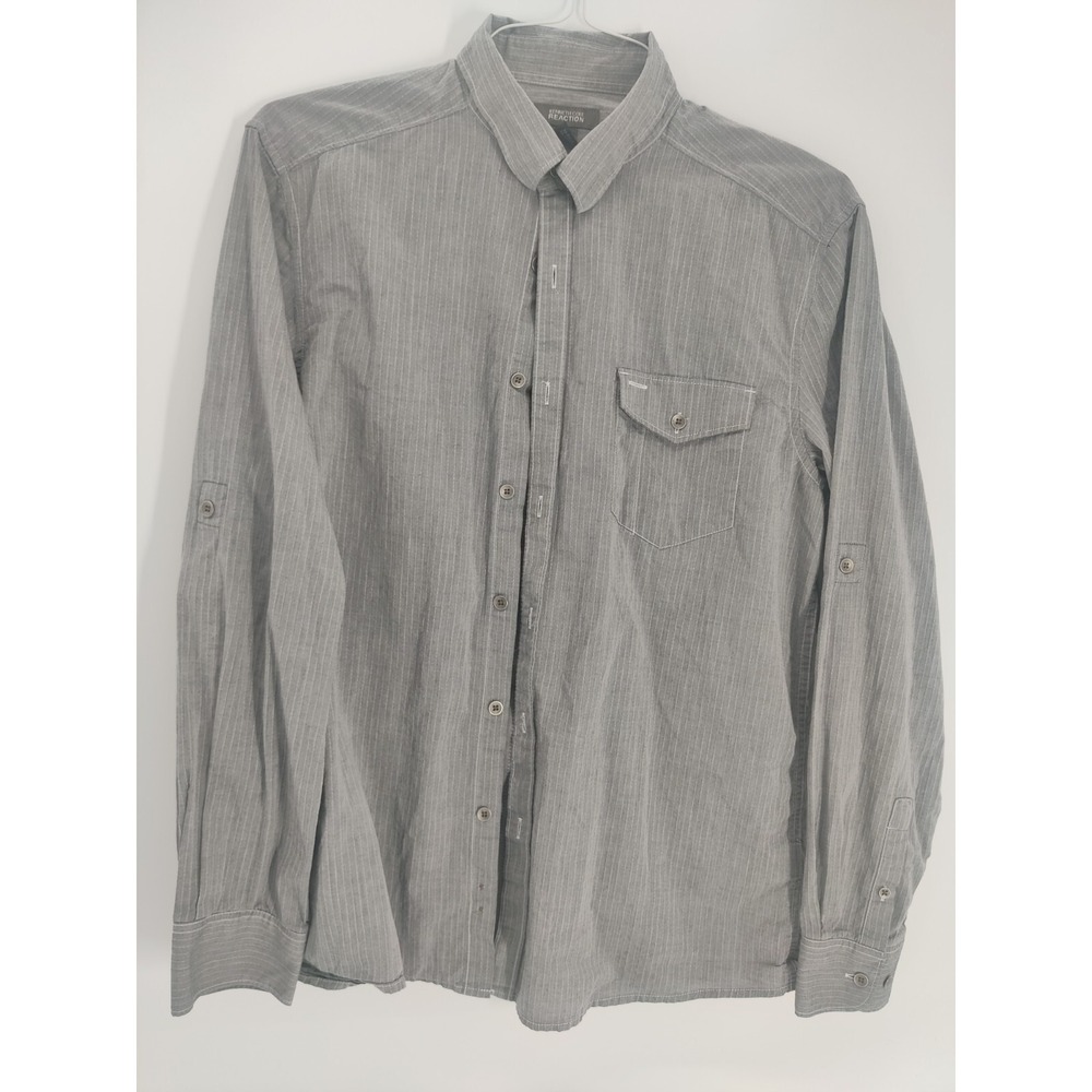 Reaction Kenneth Cole Gray Striped Roll Tab Long Sleeve Shirt Mens Sz‎ Large
